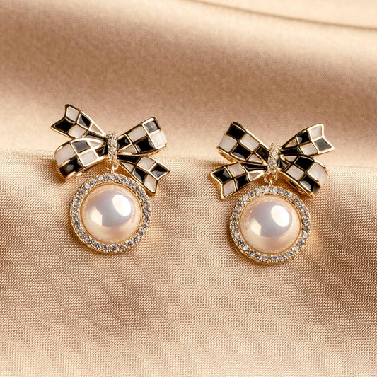 Checkered Bow Drop Earrings with Pearl - saltycandy