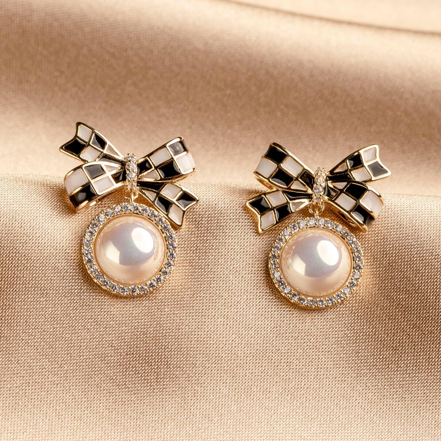 Checkered Bow Drop Earrings with Pearl - saltycandy