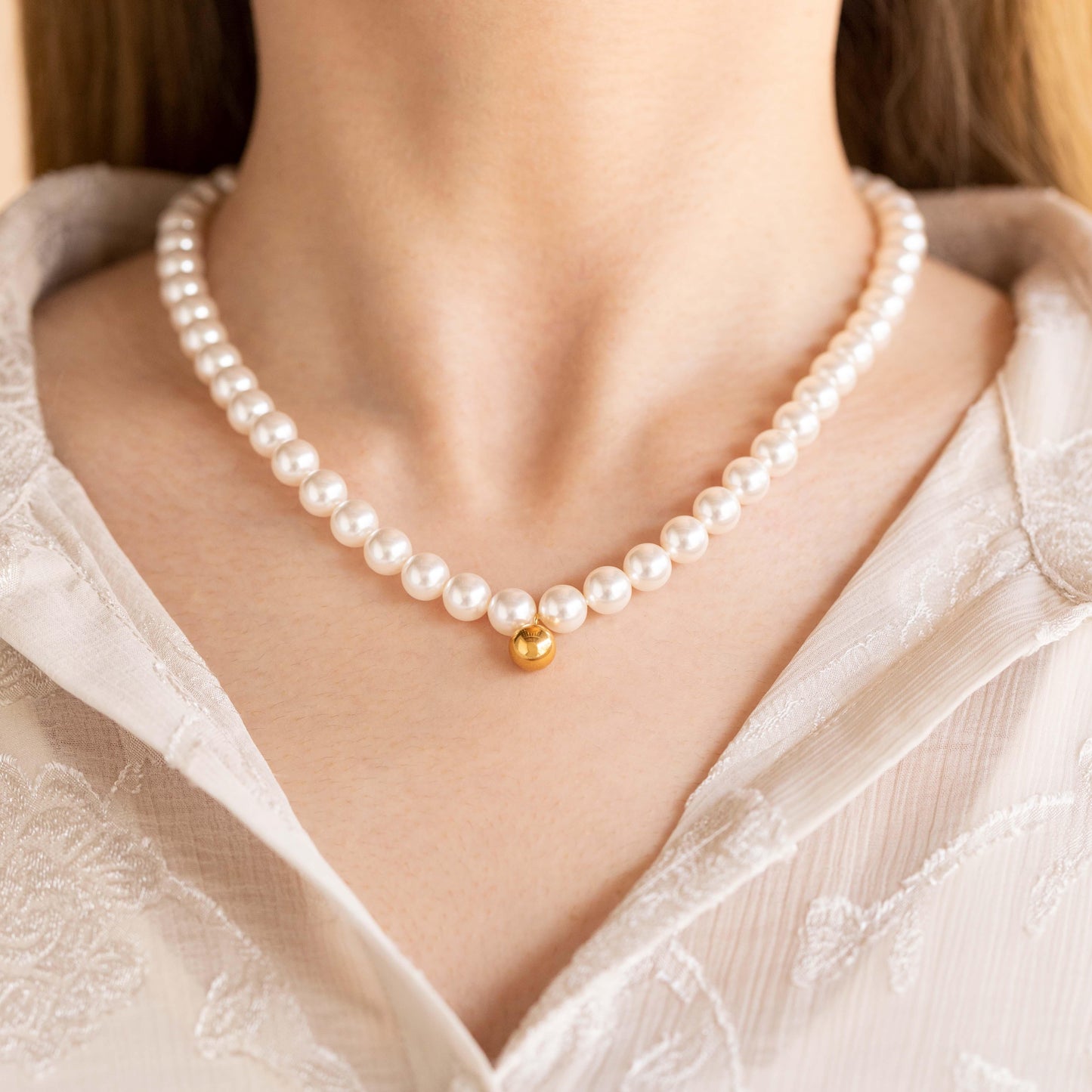 Classic Pearl Necklace with Gold Bean - saltycandy