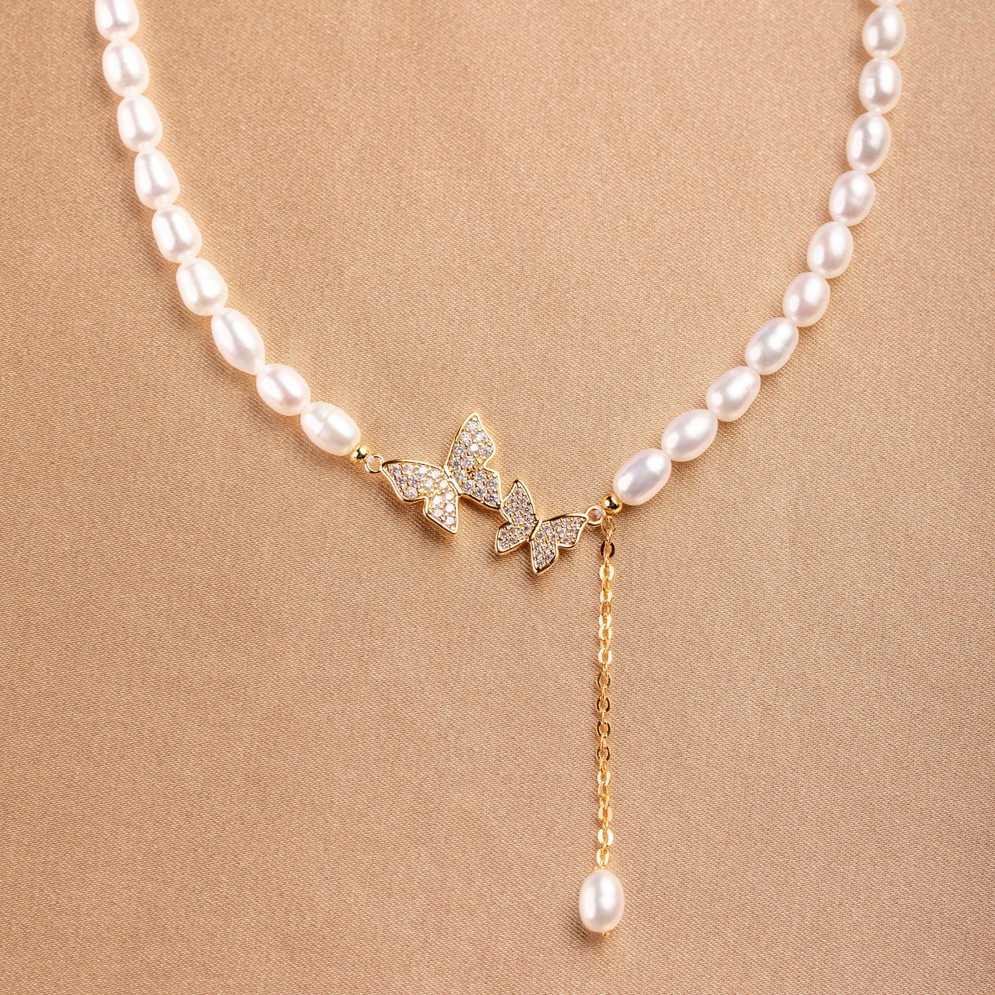 Double Butterfly Freshwater Pearl Necklace - saltycandy