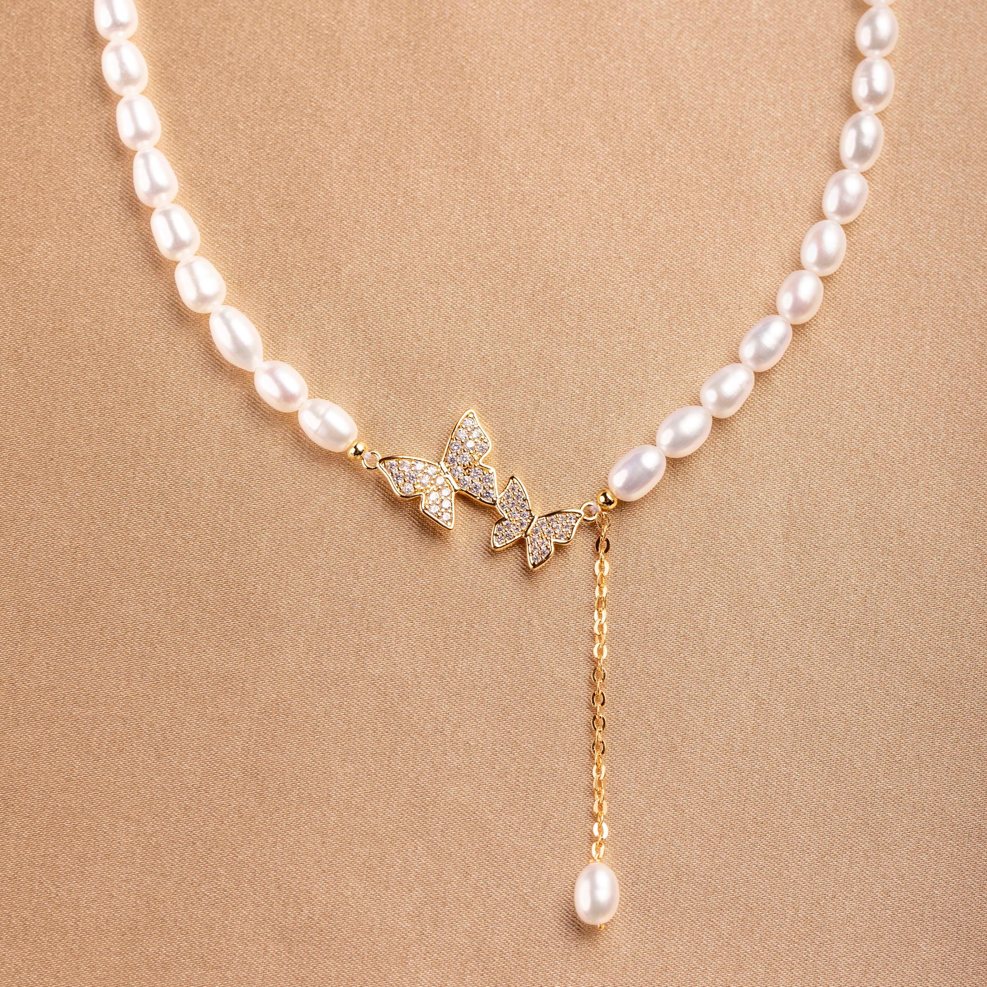 Double Butterfly Freshwater Pearl Necklace - saltycandy